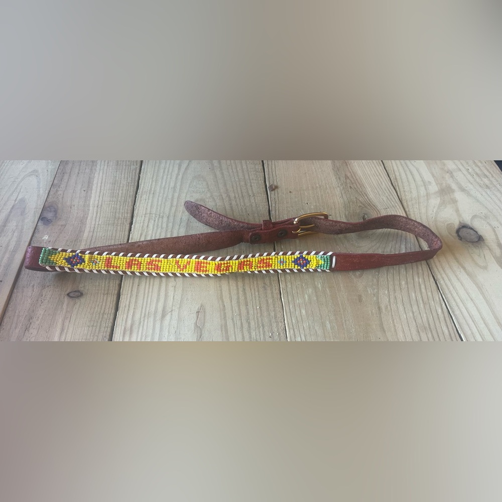 Vintage Beaded Leather Belt Size 26-28 Western Native American Aztec